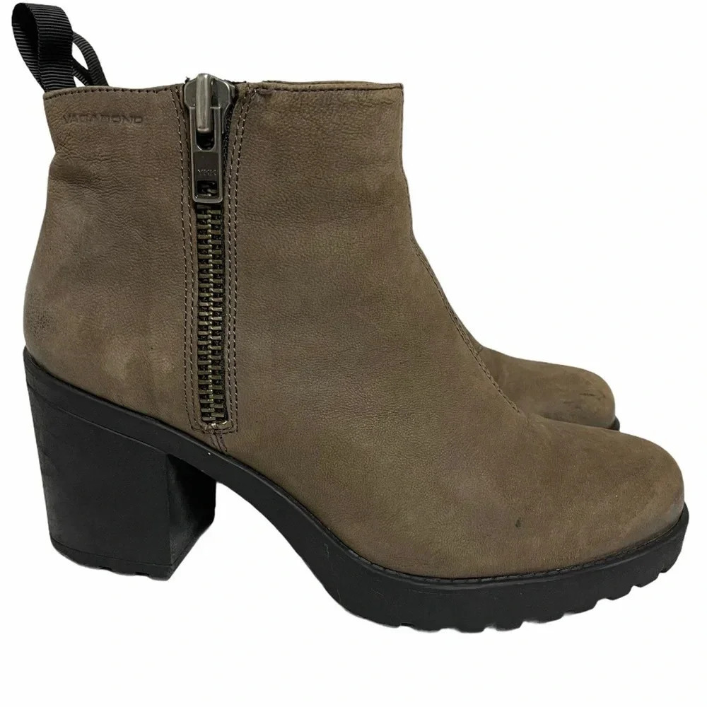 Vagabond Taupe Distressed Motor Heeled Ankle Boots - Picture 2 of 10